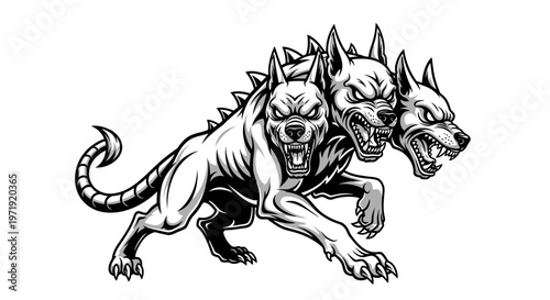 Three-headed hellhound, mythological creature, aggressive pose, black and white illustration