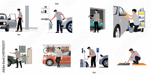 Vector illustration set showing a man engaged in various car maintenance activities including washing, charging, inspecting, and parking in a home garage.