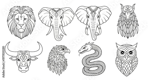 Tribal Animal Heads Vector Set: Lion, Elephant, Bull, Eagle, Snake, Owl