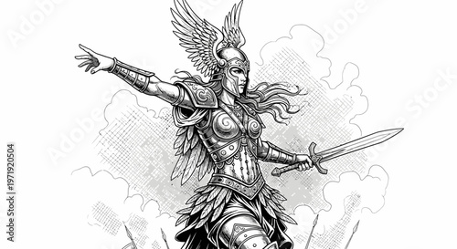 Valkyrie Warrior Woman with Sword and Helmet in Battle Pose, Fantasy Art