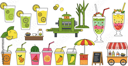 Fresh Juice and Smoothie Set Featuring Fruit Drinks Sugarcane Juice Machine Lemon Orange Beverages and Street Food Cart Vector Illustration Collection