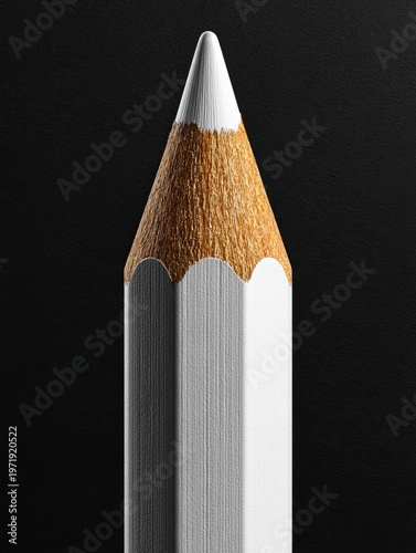 White triangular prism pencil standing vertically on black background, full view of sharp graphite tip and matte wooden body with subtle shadows for product detail