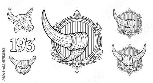 Vector Illustration of Bull Horns and Tribal Emblem Set