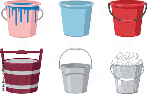 Bucket Set with Paint, Metal, Plastic, and Wooden Pails in Different Styles for Household Illustration, Cleaning Design, and Utility Container Collection