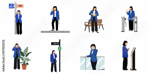 Vector illustration set of a businesswoman wearing a face mask in various public settings like stations and offices during the pandemic.