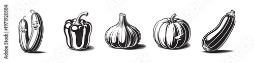 Vintage Vegetable Linocut Illustration Set: Black and White Woodcut Style Icons of Cucumber, Bell Pepper, Garlic, Pumpkin, and Zucchini for Organic Food and Agriculture Design.