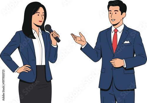Cartoon illustration of business professionals in suits conducting interview with microphone and gestures, symbolizing corporate artwork, office design, communication creati