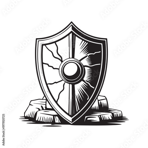 Cracked Warrior Shield Ancient Stone Illustration: Bold Black and White Vector Art Featuring a Battle-Worn Medieval Shield and Rocks for Gaming Mascots, Logos, and Apparel Designs.