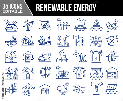 Renewable Energy Icon Set – Solar, Wind, Hydropower, Battery Storage, Electric Vehicle Charging, Clean Energy, Power Grid, Sustainable Technology Line Icons Vector Collection