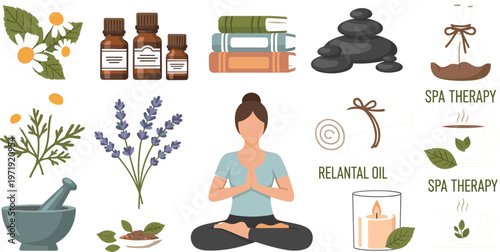 Aromatherapy and Spa Wellness Set Featuring Essential Oils Herbal Plants Meditation Candle Tea and Relaxation Therapy Elements Vector Illustration Collection