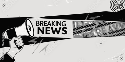 A hand holding a megaphone announcing breaking news with shattered glass