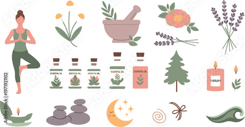 Aromatherapy and Spa Wellness Set Featuring Essential Oils Herbal Plants Meditation Candle Tea and Relaxation Therapy Elements Vector Illustration Collection