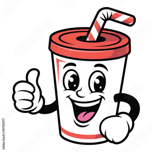 Foto Funny soda cup character giving thumbs up, cartoon mascot, retro design, happy f