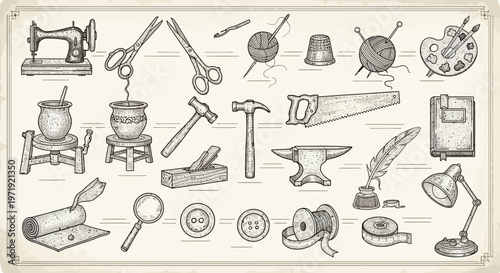 Vintage Sewing and Crafting Tools Collection Illustration