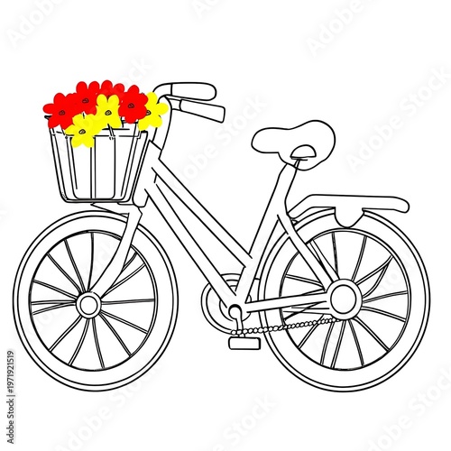 Clean line art illustration of a classic bicycle, featuring a front basket brimming with cheerful flowers, perfect for a fresh, vibrant, and modern graphic design aesthetic
