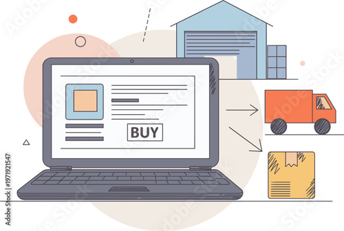 Streamlined online shopping experience from product selection to efficient warehouse processing and swift doorstep delivery, showcasing modern e-commerce logistics and fulfillment