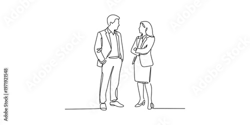 A single continuous line drawing of a professional man and woman standing together in conversation Vector, illustration