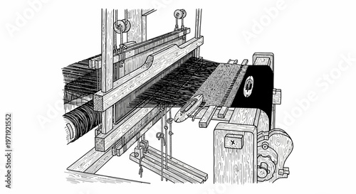 Vintage textile loom, black and white illustration of fabric weaving process.