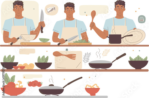 Dynamic illustration of a man preparing a healthy, home-cooked meal. Showcasing culinary stages from chopping fresh ingredients to cooking and serving nutritious food