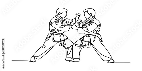 Continuous line drawing of two martial artists wearing traditional uniforms sparring in a match Vector, illustration