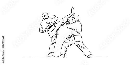 Continuous single line drawing of two martial artists engaged in a dynamic sparring session match. Vector, illustration