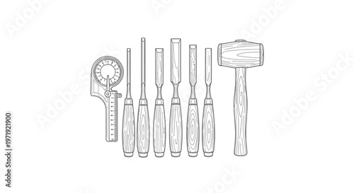 Woodworking Tools Set: Chisels, Mallet, and Scraper - Hand Drawn Illustration
