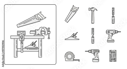 Woodworking Tools Set: Workbench, Vice, Saw, Hammer, Drill, Chisel, Plane, Tape