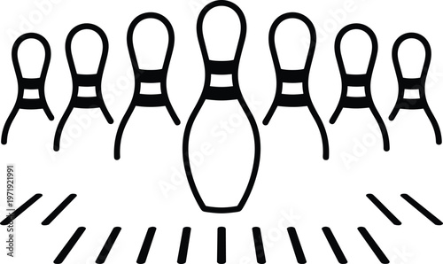 Stylized black silhouette of seven bowling pins arranged in triangular formation with radiating motion lines, isolated vector illustration symbolizing sports, recreation, and precision themes