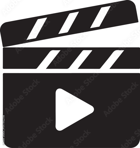 Film clapperboard, movie clapper, video production icon, play button symbol, cinema clapperboard
