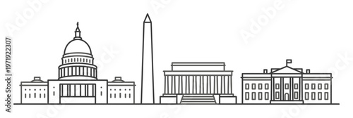 Minimalist Washington DC skyline vector illustration in simple thin black line art style showcasing the United States Capitol building, monument, and White House architecture.