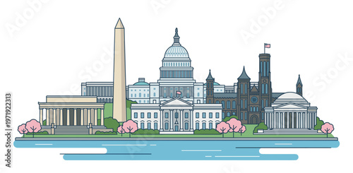 Washington DC skyline vector design featuring spring cherry blossoms, river water, and famous capital landmarks like the Capitol and monument in a flat colorful illustration.
