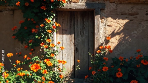 Warm light bathes rustic wooden door