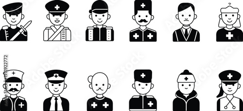 Collection of twelve black silhouette icons representing medical personnel and military medics, including doctors, nurses, and healthcare workers with uniforms, hats, and stethoscopes, 