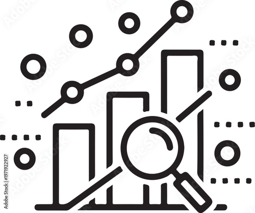 Business analysis, data research, statistics, graph and chart icons, line graph, magnifying glass