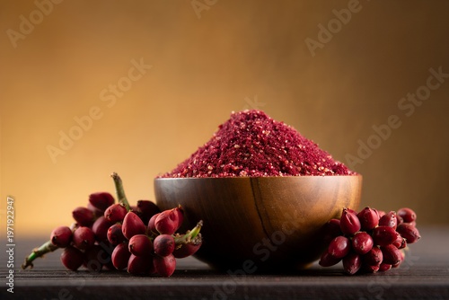Vibrant sumac spice in wooden bowl with fresh sumac berries