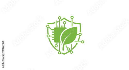 Green Technology Shield Logo with Leaf and Circuitry Design.