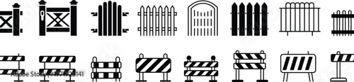Collection of black silhouette icons showing fences, gates, and construction barriers, including picket fences, decorative gates, striped barricades, and sawhorse barriers, 