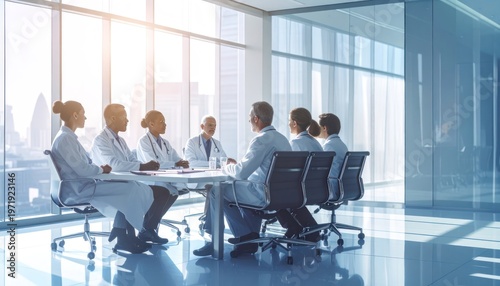 A group of medical professionals in white coats are engaged in a serious discussion around a conference table in a modern, brightly lit office with a city view.