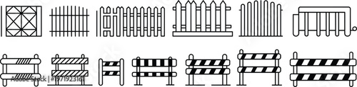 Collection of twelve black and white line drawings of fences and construction barriers, including picket, lattice, rail, striped barricades, and safety barriers, isolated vector icons
