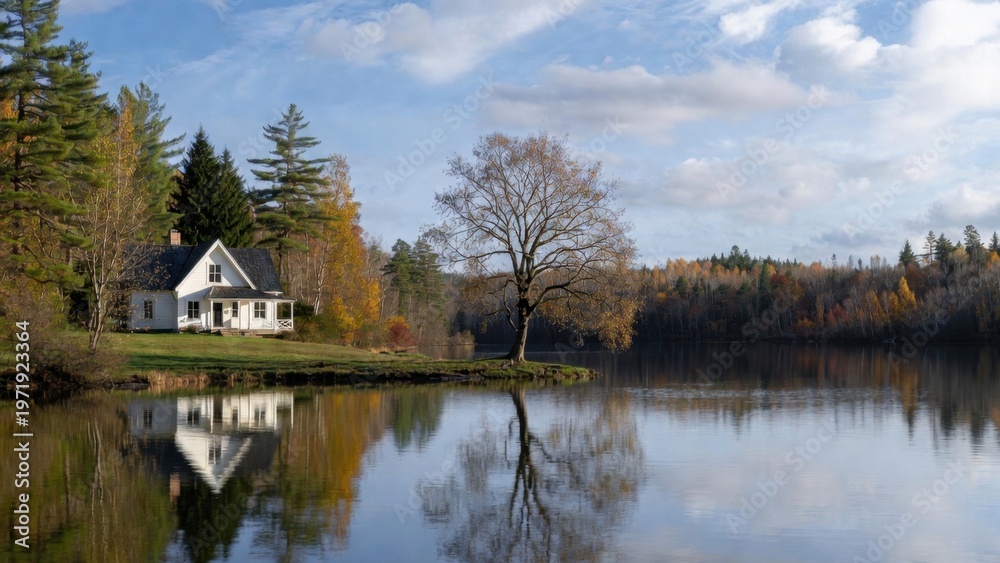 Obraz premium Cozy cottage reflects in calm lake waters