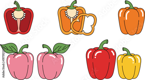 Bell Pepper Set with Red, Yellow, Orange, and Pink Capsicum Variations in Fresh Vegetable Illustration for Cooking Design and Healthy Food Collection