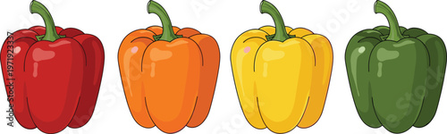 Bell Pepper Collection with Red, Orange, Yellow, and Green Capsicum in Glossy Style for Fresh Vegetable Illustration, Cooking Design, and Healthy Food Set
