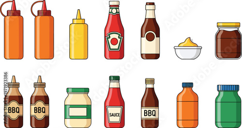 Sauce Bottle Collection with Ketchup, Mustard, BBQ, Mayonnaise, and Various Condiment Containers for Food Packaging Design, Cooking Illustration, and Kitchen Collection