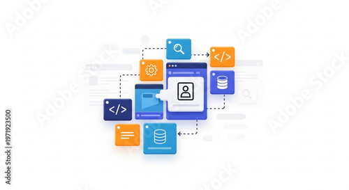 Web development concept with coding symbols and browser window on white background illustrating programming and digital design elements in a modern tech interface