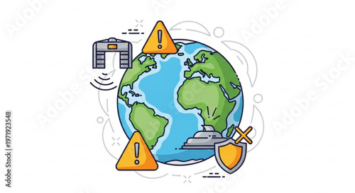 Global cybersecurity threats and protection concept with earth surrounded by warning signs server and shield