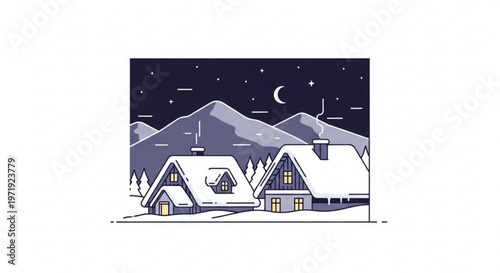 Snowy village at night with mountains and moon in the background winter landscape with houses