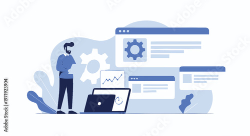Illustration of a man working on a laptop with data analysis and web pages.