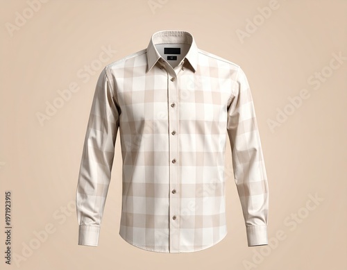 Front view of a tan and white checkered button-down shirt