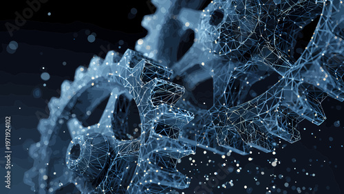 Gear wheels interlock in a seamless mechanical motion represented by a digital wireframe model to signify industrial engineering and automation.