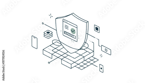 Isometric illustration of a shield protecting digital information.